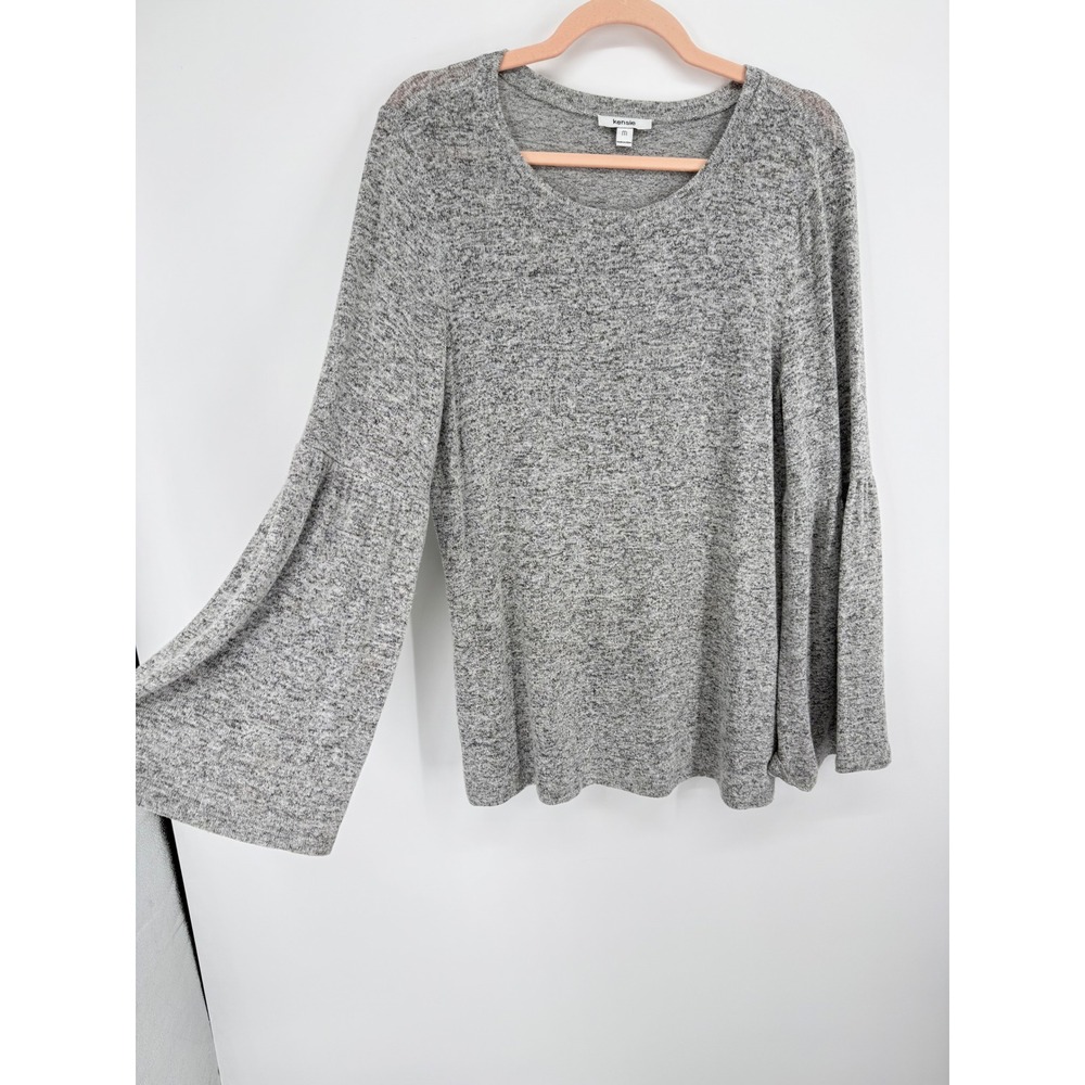 Kensie Bell Sleeve Top Womens Medium Gray Marled Knit Crew Neck KS0K3611 SOFT